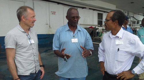  Appearing in the photo above (from left to right) are Dr. Åge Høines, Senior Scientist, Institute of Marine Research, Norway; Ruben Charles of the Pritipaul Singh Investments Inc., a fish processing plant in Georgetown, Guyana; and Milton Haughton, CRFM Executive Director