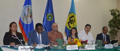 (From left to right) Beverly Wade, Master of Ceremonies, Fisheries Administrator, Belize; Hon. Eugene Hamilton, Chair of the CRFM Ministerial Council and Minister Responsible for Fisheries in Saint Kitts and Nevis; Hon. Dr. Omar Figueroa, Belize’s Minister of State with responsibility for Fisheries; Norma Lobo, General Director for the Development of Fisheries and Aquaculture, El Salvador; Reinaldo Morales Rodríguez, Director Regional de OSPESCA; and Milton Haughton, Executive Director of the CRFM Secretariat